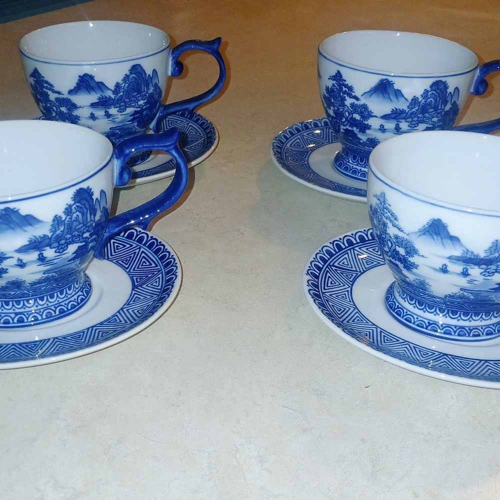 Blue and White Porcelain Tea Cup Set